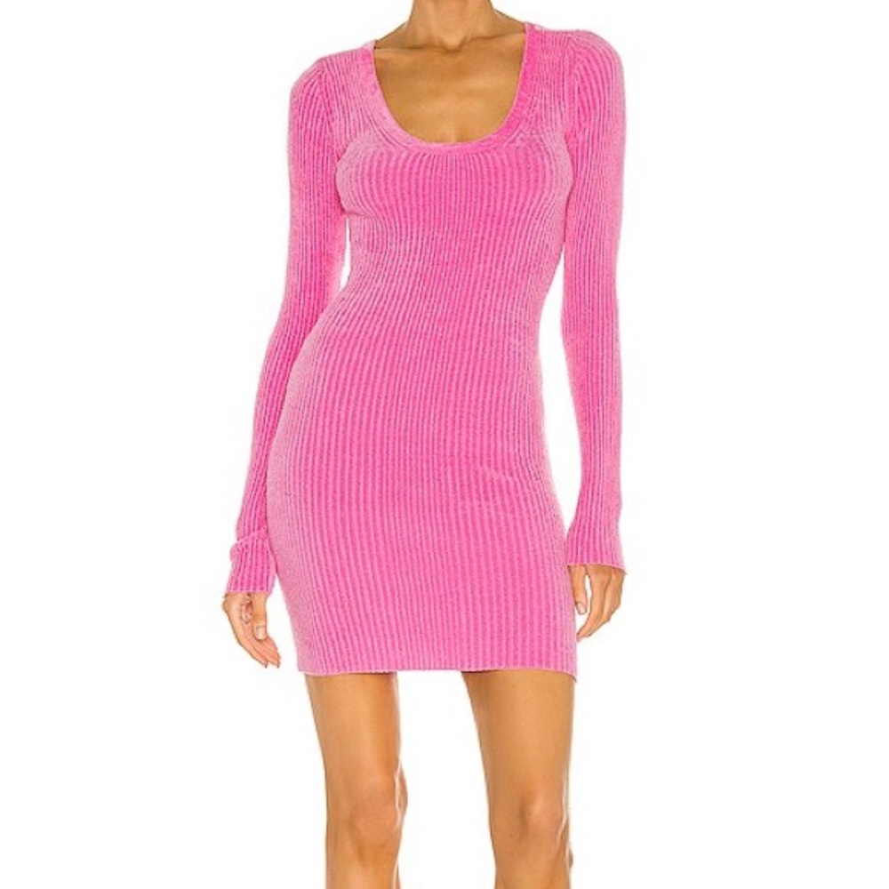Helmut Lang Disco Pink Ribbed Knit Mini Dress XS Long Sleeve Bodycon Minimalist